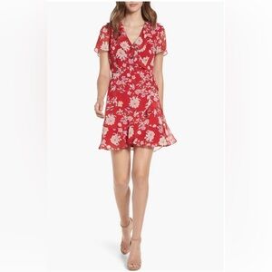 Lush Colie Red Floral Ruffle V-Neck Wrap Short Sleeve Mini Dress Size M Lined
